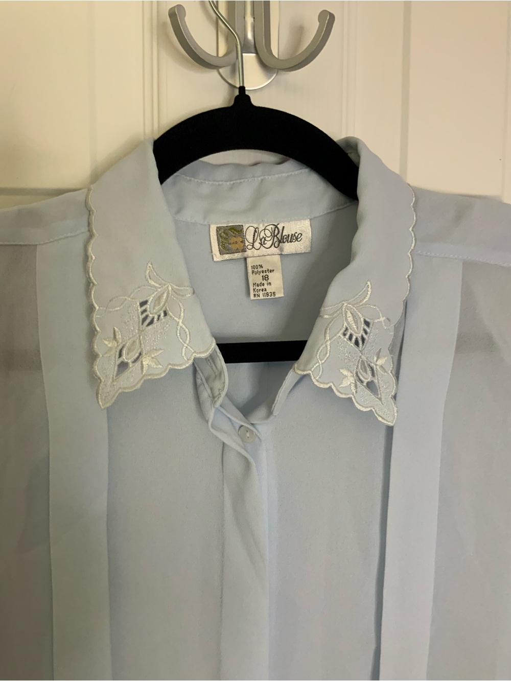 Vintage Light Blue Embroidered Collar Button-Down Blouse